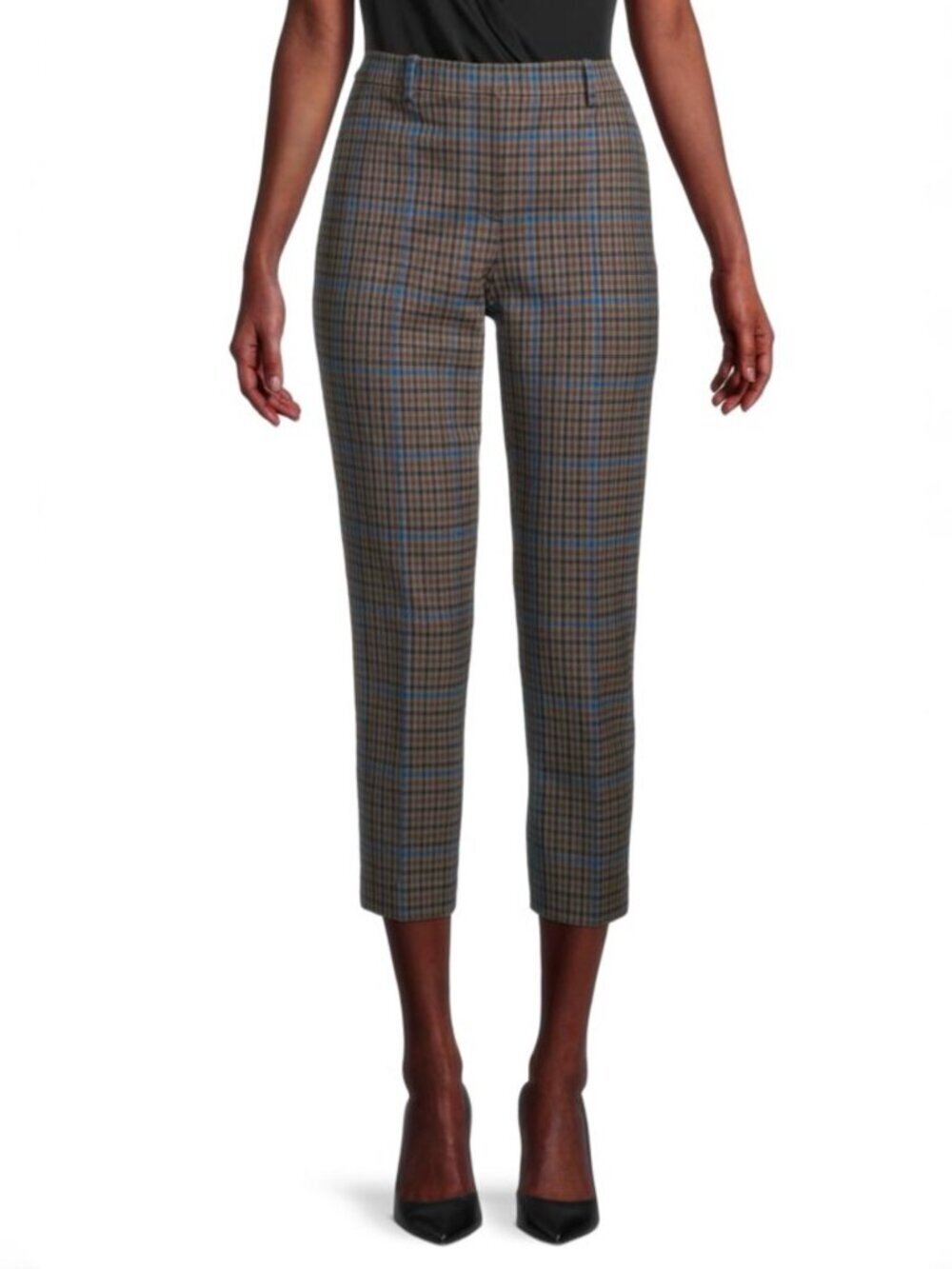 THEORY Treeca Khaki Multi Plaid Wool Blend Cropped Trousers Pants, Size 8